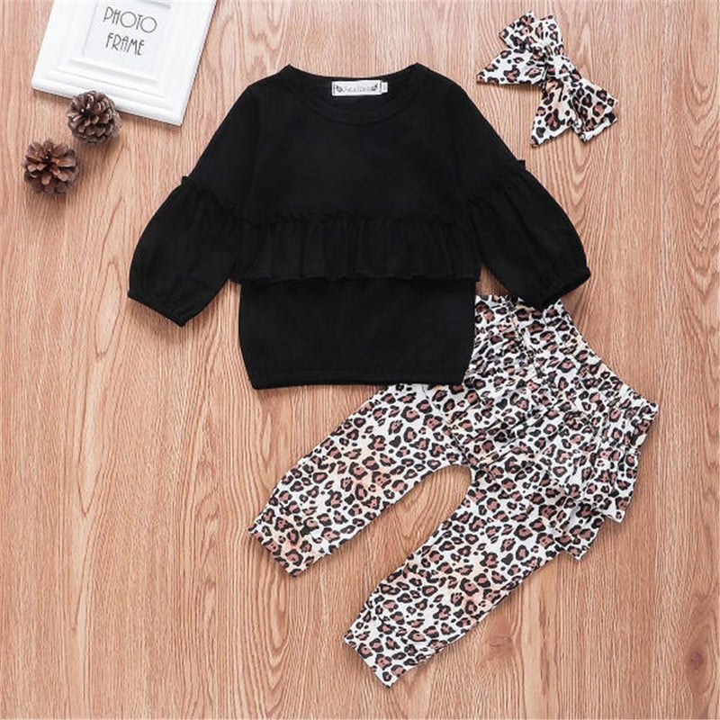 Girls Long Sleeve Ruffle Solid Top & Leopard Pants & Headband - PrettyKid