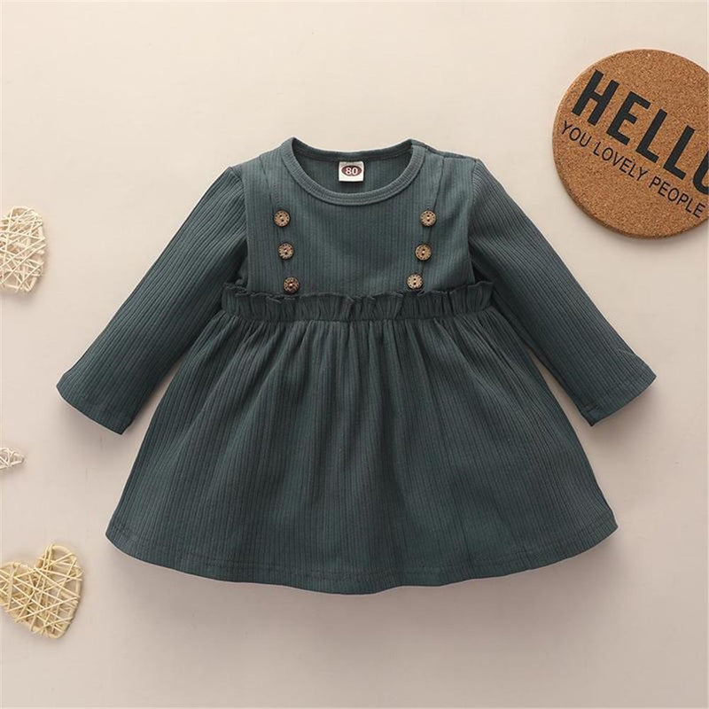 Baby Long Sleeve Solid Crew Neck Dress - PrettyKid