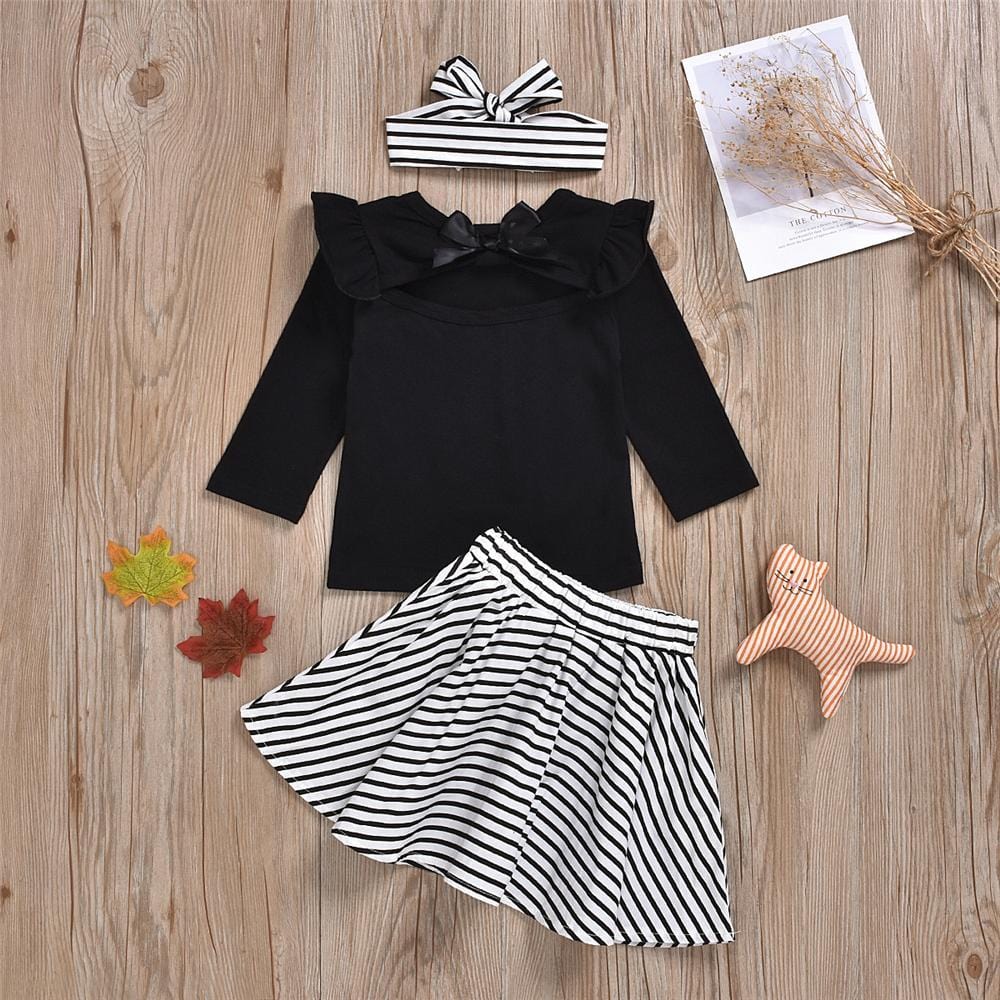 Girls Long Sleeve Solid Long Sleeve Top & Striped Skirt Wholesale Girl Clothing - PrettyKid
