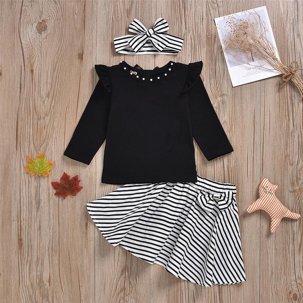 Girls Long Sleeve Solid Long Sleeve Top & Striped Skirt Wholesale Girl Clothing - PrettyKid