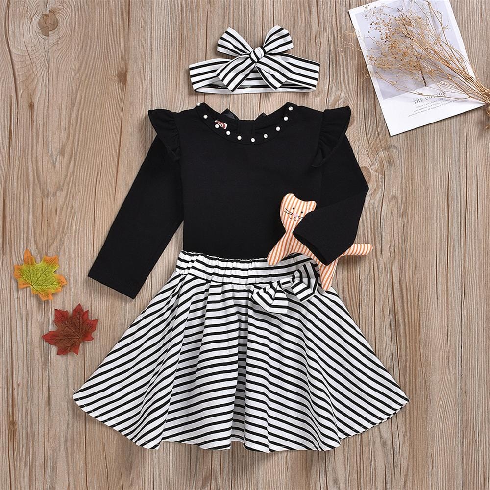 Girls Long Sleeve Solid Long Sleeve Top & Striped Skirt Wholesale Girl Clothing - PrettyKid