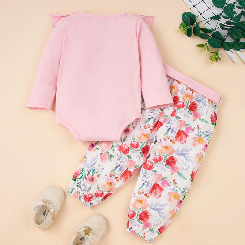 Baby Girls Long Sleeve Solid Romper Floral Pants Cheap Baby Clothes In Bulk - PrettyKid