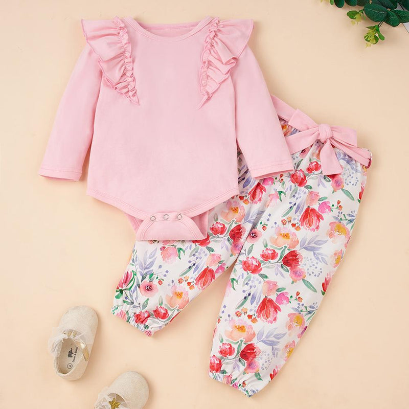 Baby Girls Long Sleeve Solid Romper Floral Pants Cheap Baby Clothes In Bulk - PrettyKid