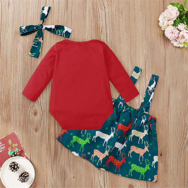 Baby Girls Long Sleeve Solid Romper & Elk Print Skirt Sets Babywear Wholesale - PrettyKid