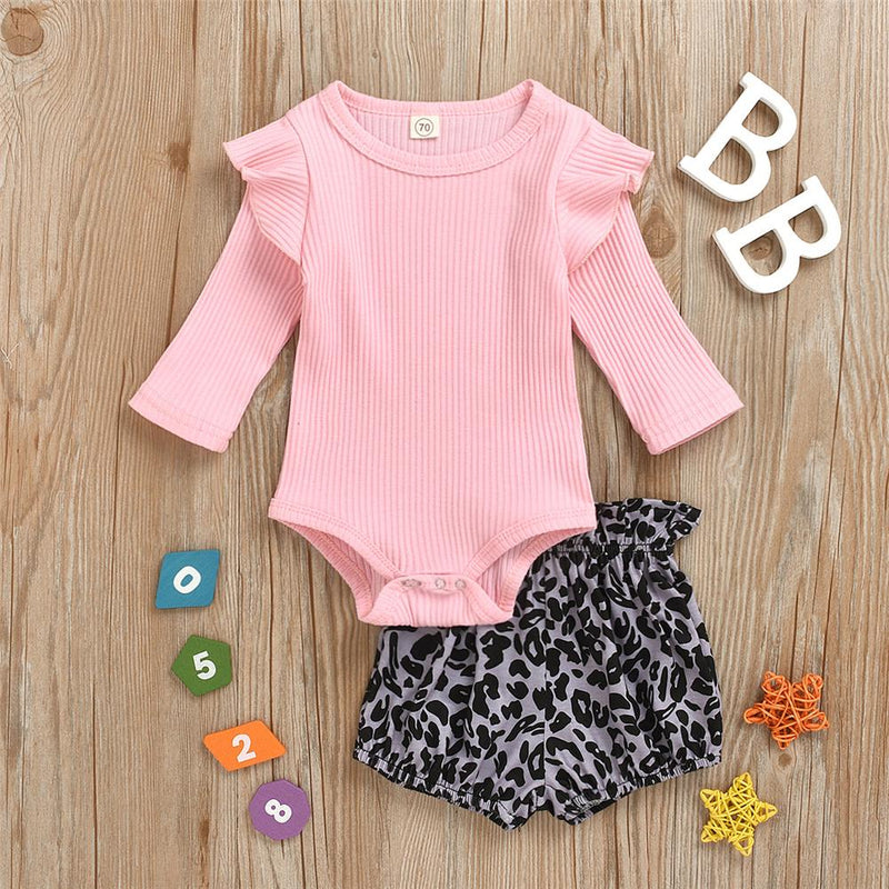 Baby Girls Long Sleeve Solid Romper & Leopard Shorts Wholesale Baby Store - PrettyKid