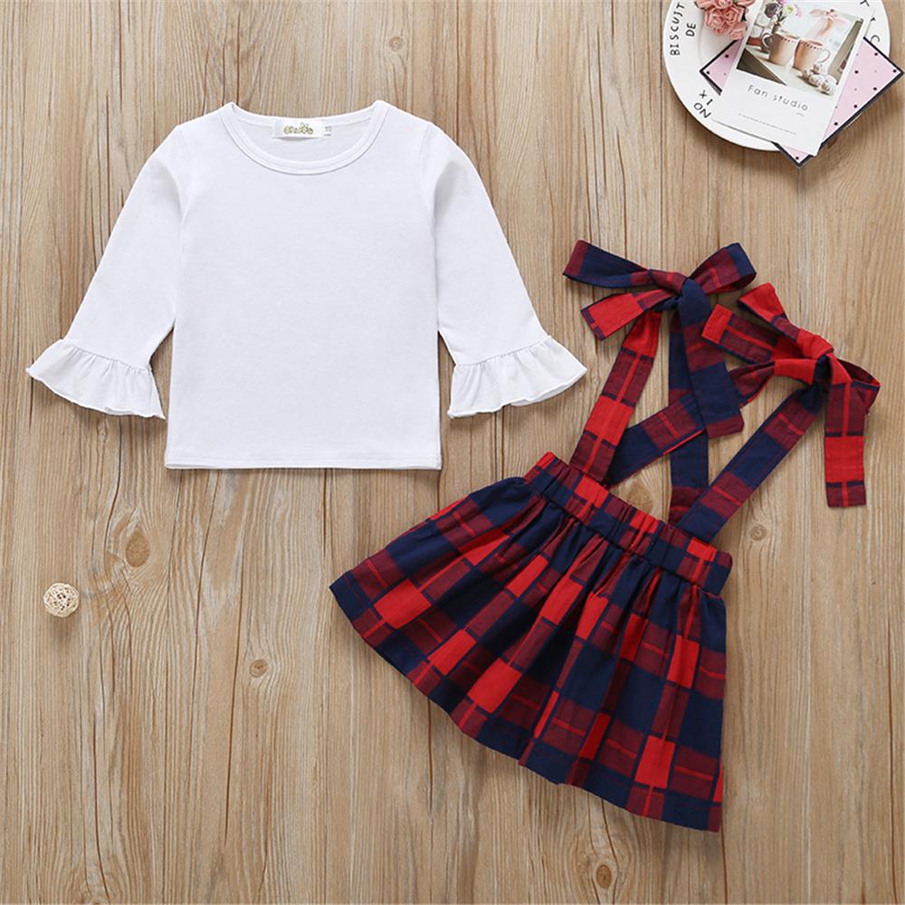 Baby Girls Long Sleeve Solid T-shirt & Plaid Skirt Baby Clothing Cheap Wholesale - PrettyKid