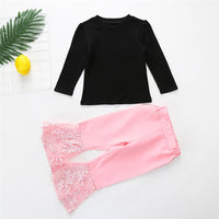 Toddler Girl Long Sleeve Solid Top & Lace Flared Pants Girl Wholesale - PrettyKid