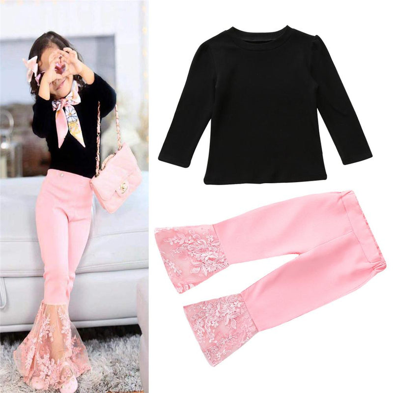 Toddler Girl Long Sleeve Solid Top & Lace Flared Pants Girl Wholesale - PrettyKid