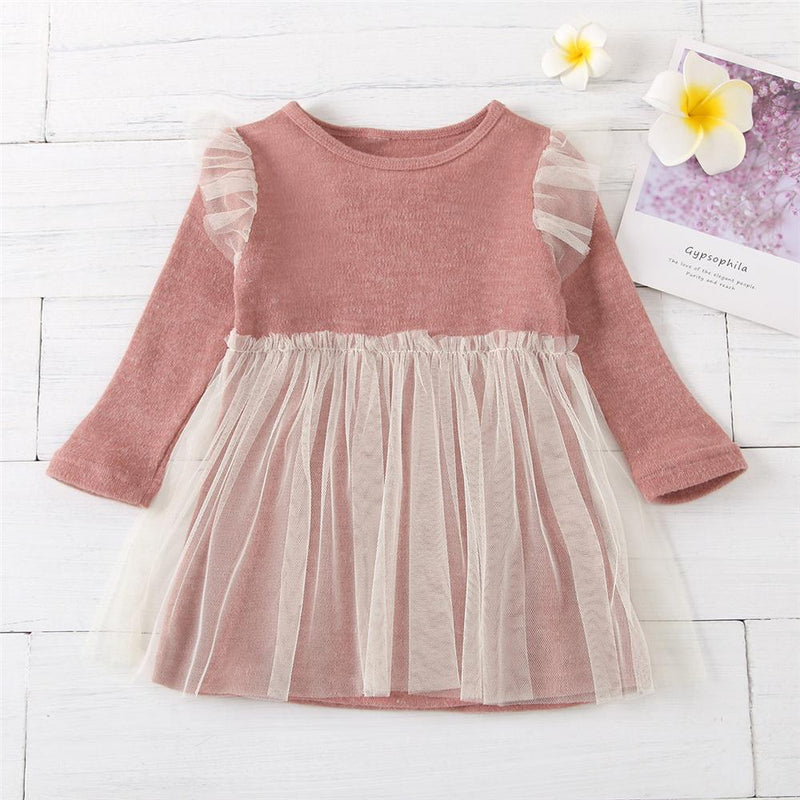 Baby Girls Long Sleeve Splicing Mesh Dress Bulk Baby Clothes For Sale - PrettyKid