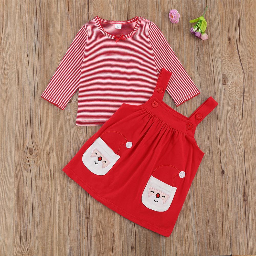 Baby Girls Long Sleeve Striped T-Shirts & Santa Claus Suspender Skirt Baby Outfits - PrettyKid