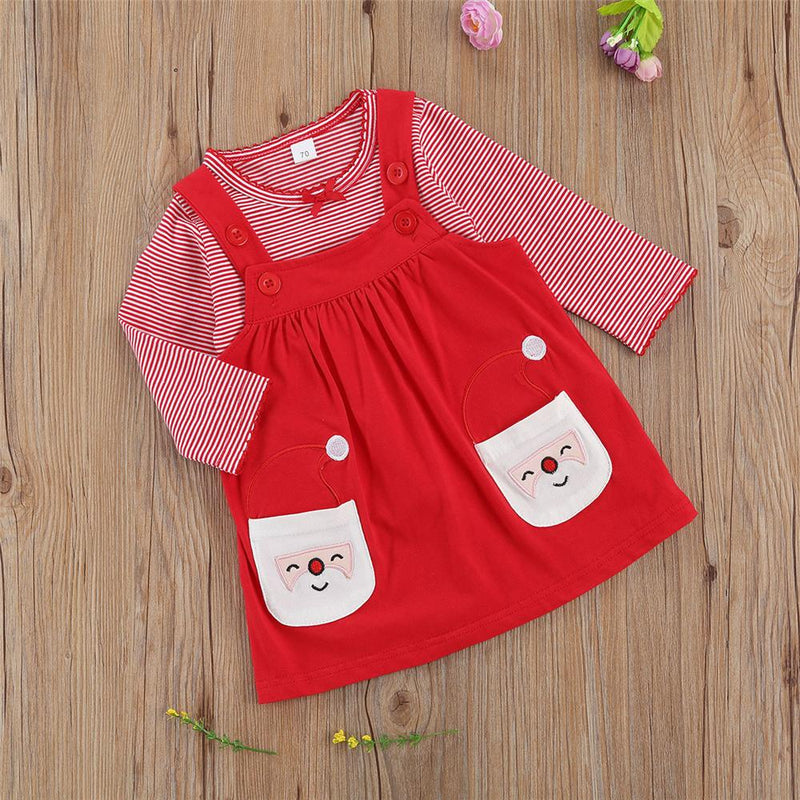 Baby Girls Long Sleeve Striped T-Shirts & Santa Claus Suspender Skirt Baby Outfits - PrettyKid