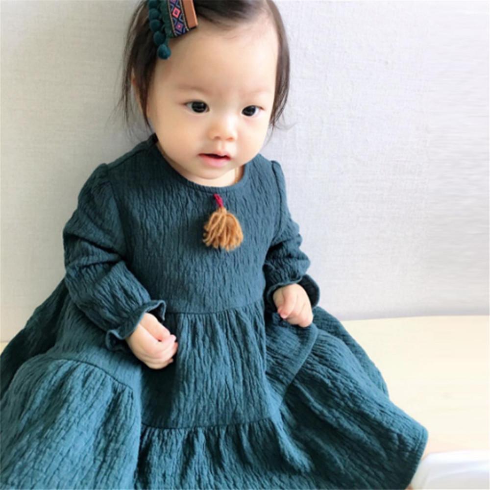 Girls Long Sleeve Sweet Solid Dress - PrettyKid