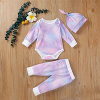 Baby Unisex Long Sleeve Tie-dye Romper & Pants & Hat - PrettyKid