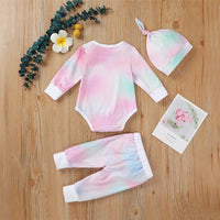 Baby Unisex Long Sleeve Tie-dye Romper & Pants & Hat - PrettyKid