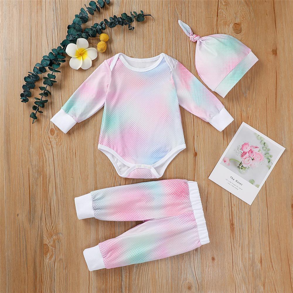 Baby Unisex Long Sleeve Tie-dye Romper & Pants & Hat - PrettyKid