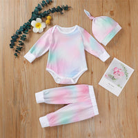 Baby Unisex Long Sleeve Tie-dye Romper & Pants & Hat - PrettyKid