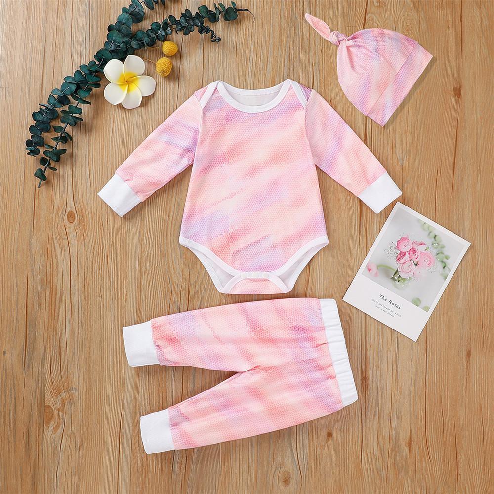 Baby Unisex Long Sleeve Tie-dye Romper & Pants & Hat - PrettyKid