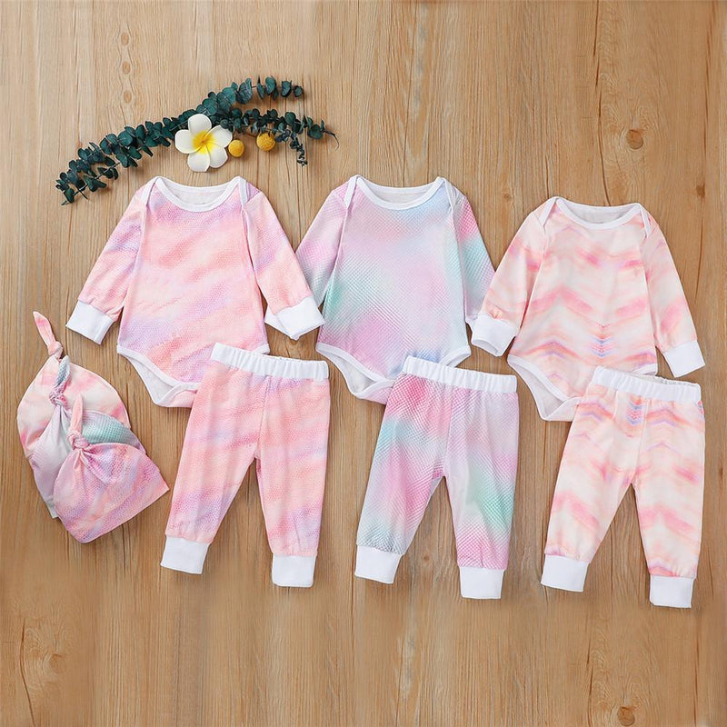 Baby Unisex Long Sleeve Tie-dye Romper & Pants & Hat - PrettyKid