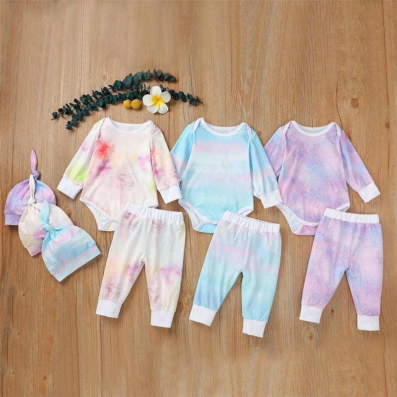 Baby Unisex Long Sleeve Tie-dye Romper & Pants & Hat - PrettyKid