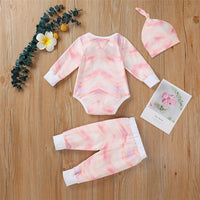 Baby Unisex Long Sleeve Tie-dye Romper & Pants & Hat - PrettyKid