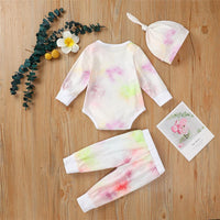 Baby Unisex Long Sleeve Tie-dye Romper & Pants & Hat - PrettyKid