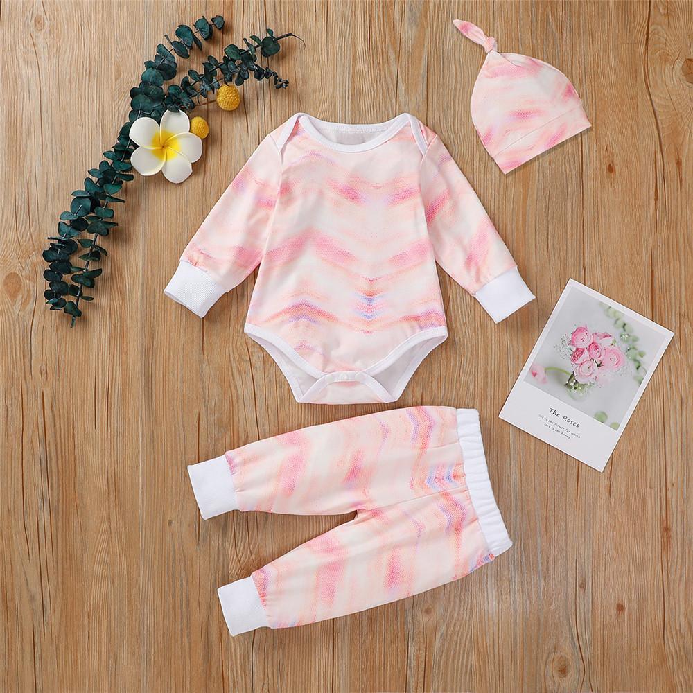 Baby Unisex Long Sleeve Tie-dye Romper & Pants & Hat - PrettyKid