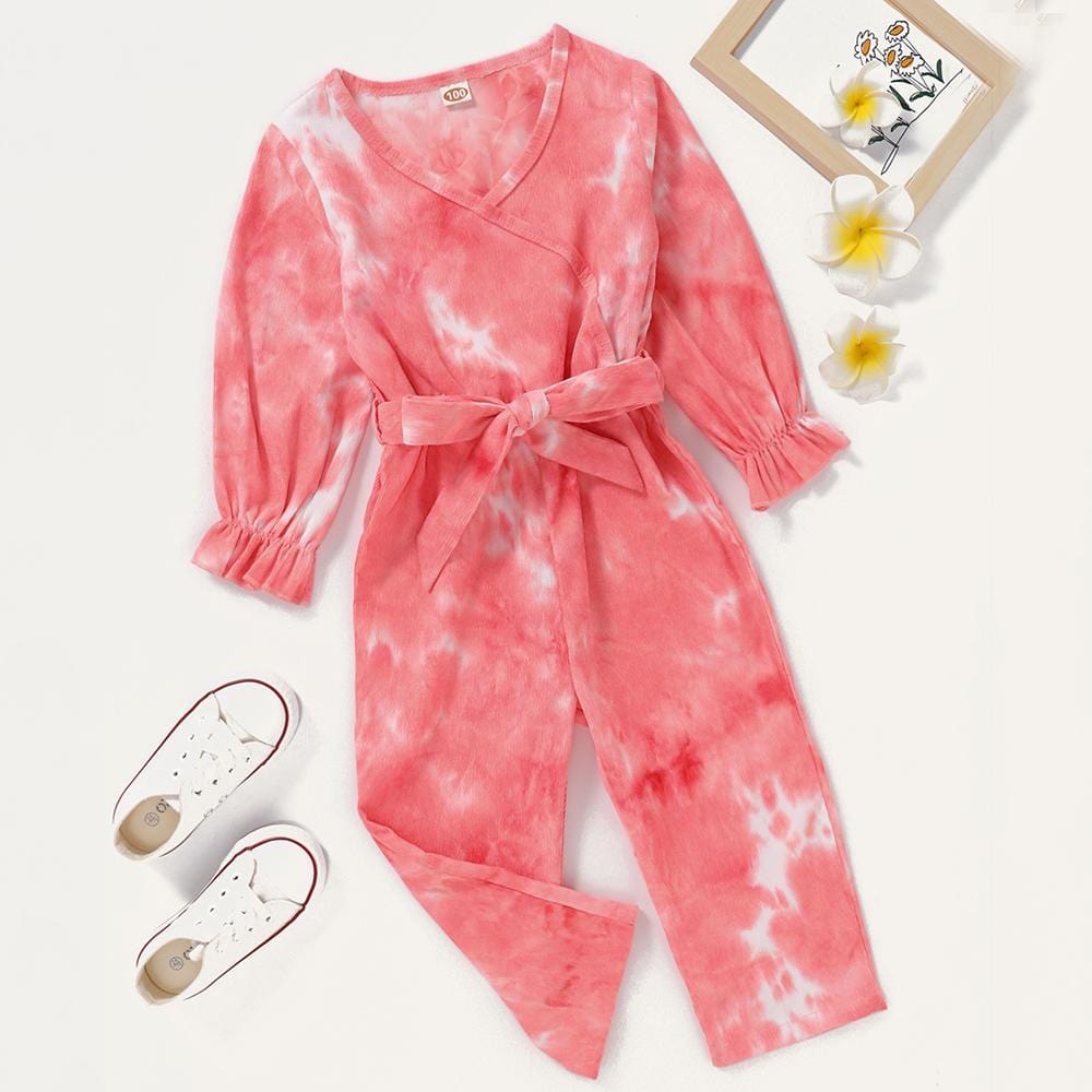 Girls Long Sleeve Tie Dye Jumpsuit & Belt Kids Wholesale Clothing - PrettyKid