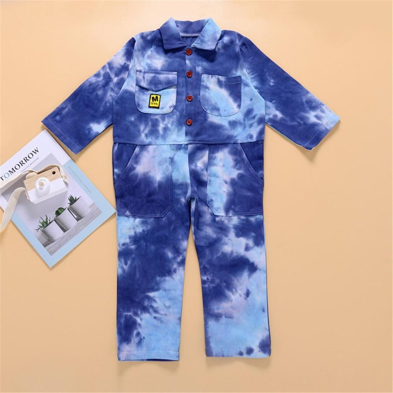 Unisex Long Sleeve Tie Dye Pocket Lapel Jumpsuit Children Clothes Wholesale - PrettyKid