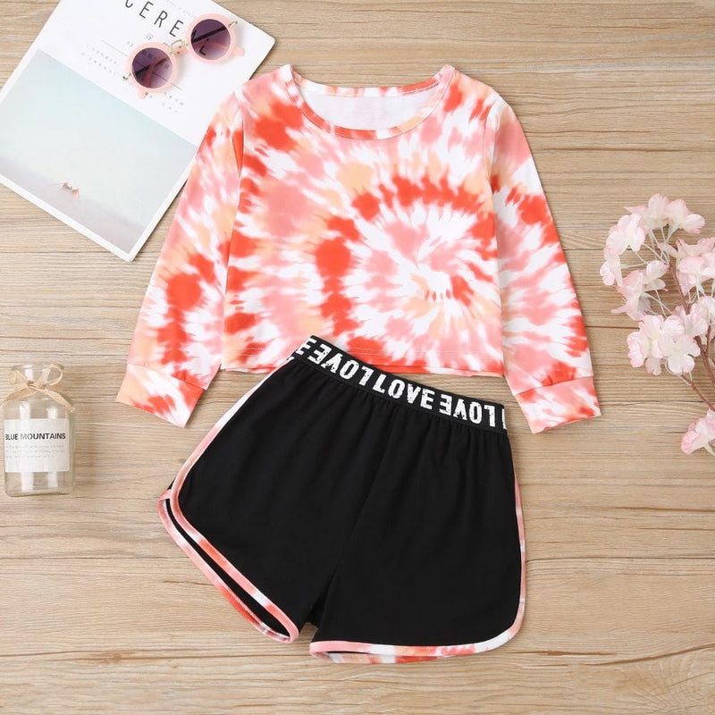 Girls Long Sleeve Tie Dye T-shirt & Shorts Wholesale Little Girl Clothes - PrettyKid