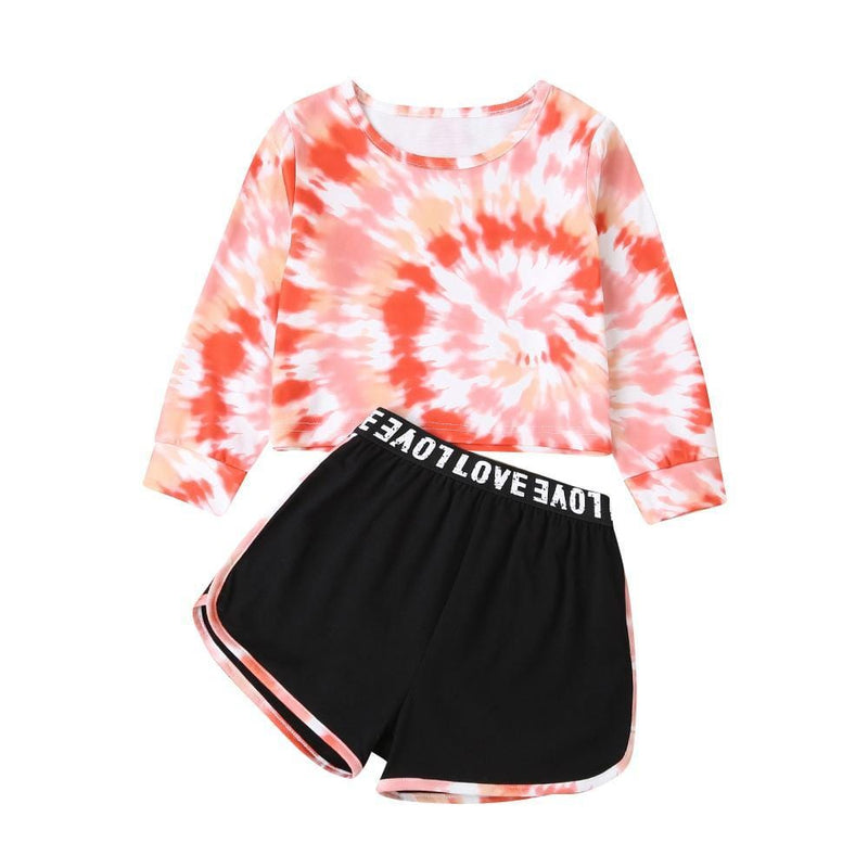 Girls Long Sleeve Tie Dye T-shirt & Shorts Wholesale Little Girl Clothes - PrettyKid