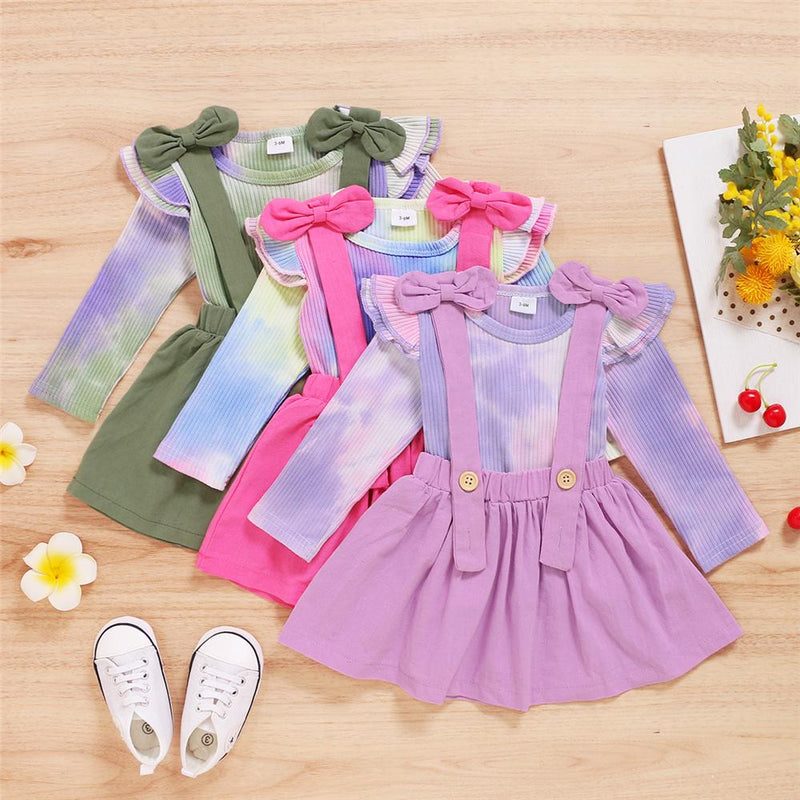 Baby Girls Long Sleeve Tie Dye Top & Solid Suspender Skirt Baby Clothes Warehouse - PrettyKid