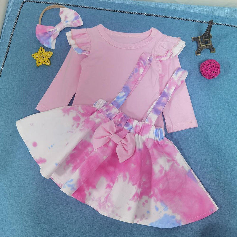 Girls Long Sleeve Tie Dye Tops & Skirt & Headband - PrettyKid