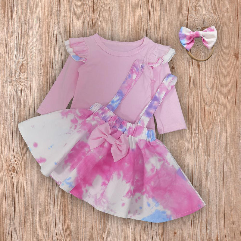Girls Long Sleeve Tie Dye Tops & Skirt & Headband - PrettyKid