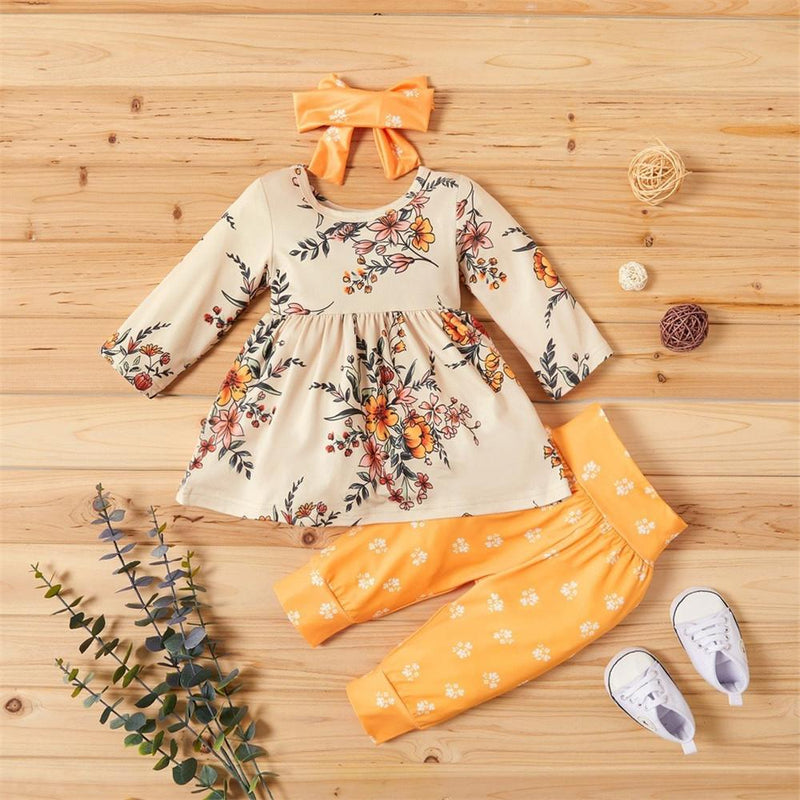 Girls Floral Long Sleeve Top & Polka Dot Pants & Headband - PrettyKid
