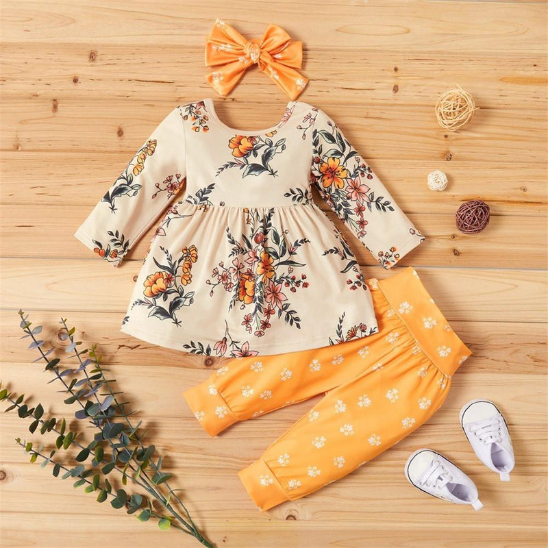 Girls Floral Long Sleeve Top & Polka Dot Pants & Headband - PrettyKid