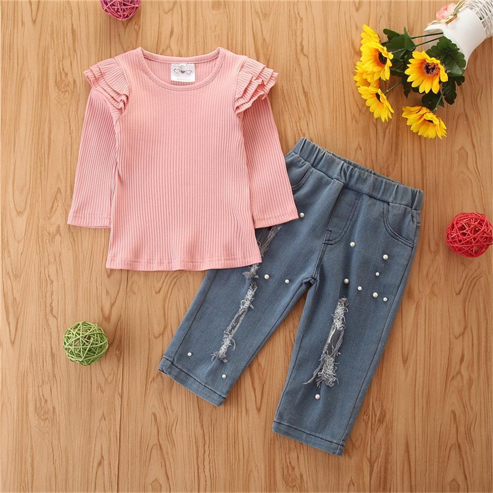Girls Long Sleeve Top & Ripped Beaded Jeans Girls Clothing Wholesalers - PrettyKid