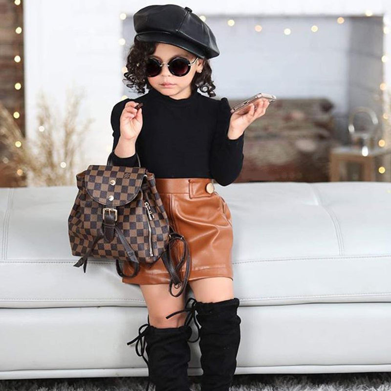 Toddler Girls Long Sleeve Turtleneck Top & PU Skirt Wholesale Girl Clothes - PrettyKid