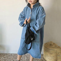 Toddler Girls Loose Slit Long Sleeve Lapel Denim Dress Girl Wholesale - PrettyKid