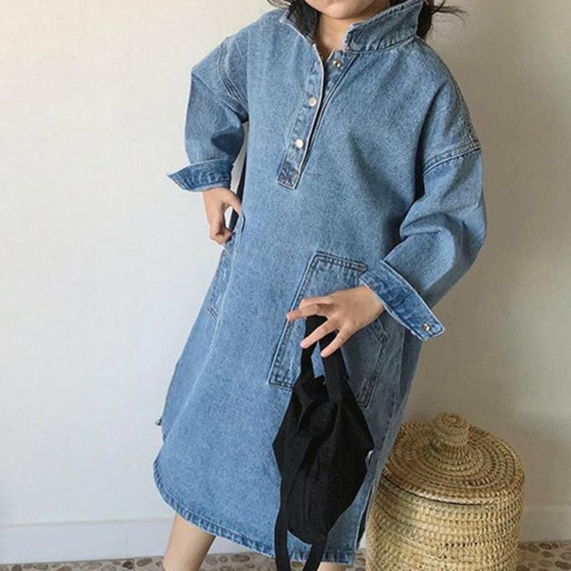 Toddler Girls Loose Slit Long Sleeve Lapel Denim Dress Girl Wholesale - PrettyKid