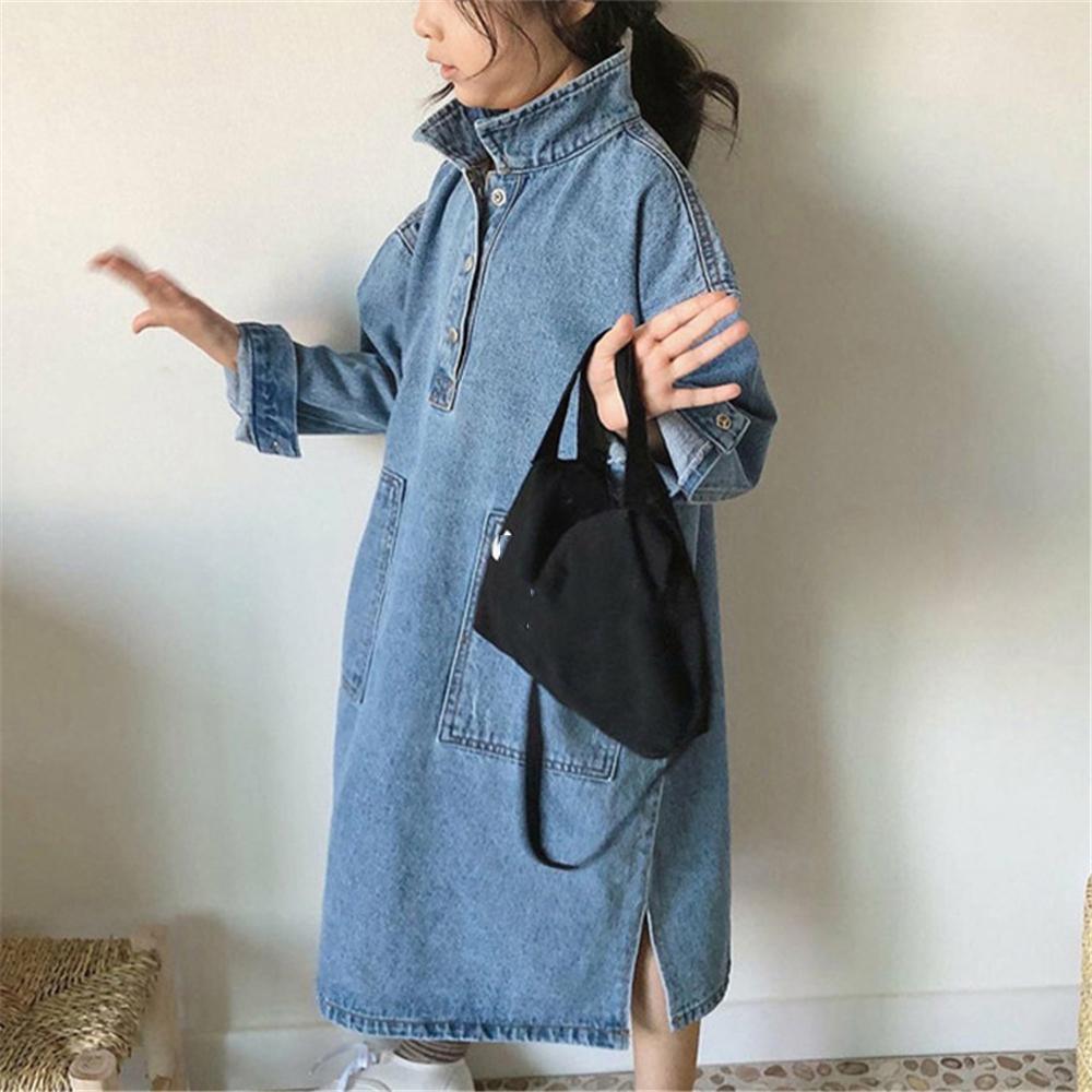 Toddler Girls Loose Slit Long Sleeve Lapel Denim Dress Girl Wholesale - PrettyKid