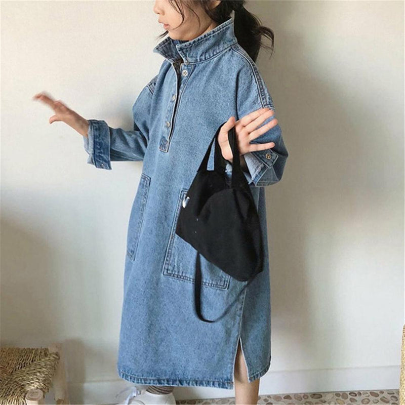 Toddler Girls Loose Slit Long Sleeve Lapel Denim Dress Girl Wholesale - PrettyKid