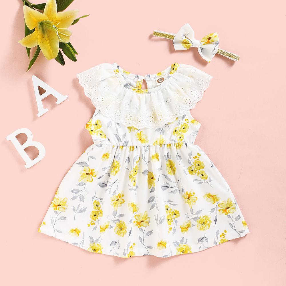 Baby Girls Lotus Leaf Collar Floral Printed Sleeveless Dress Baby Summer clothing - PrettyKid