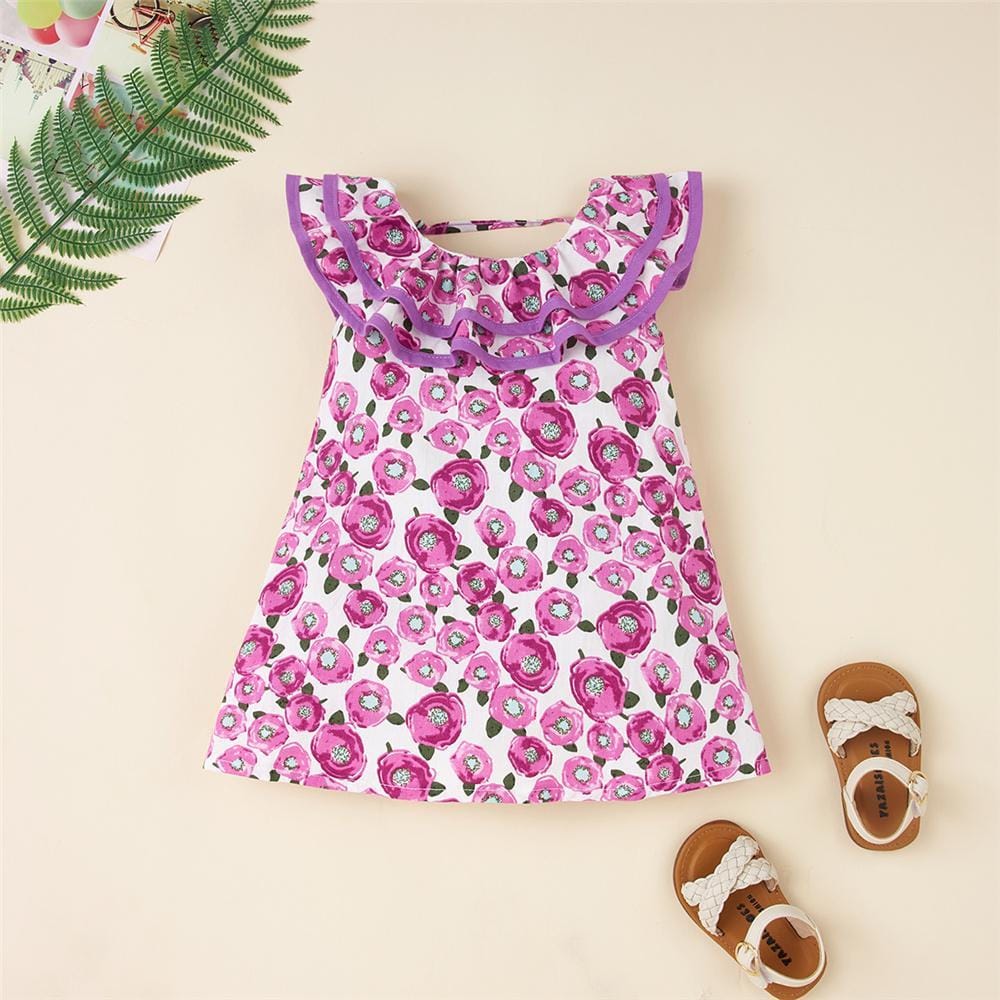 Girls Lotus Leaf Collar Floral Printed Sleeveless Summer Dress Wholesale Girl clothes - PrettyKid