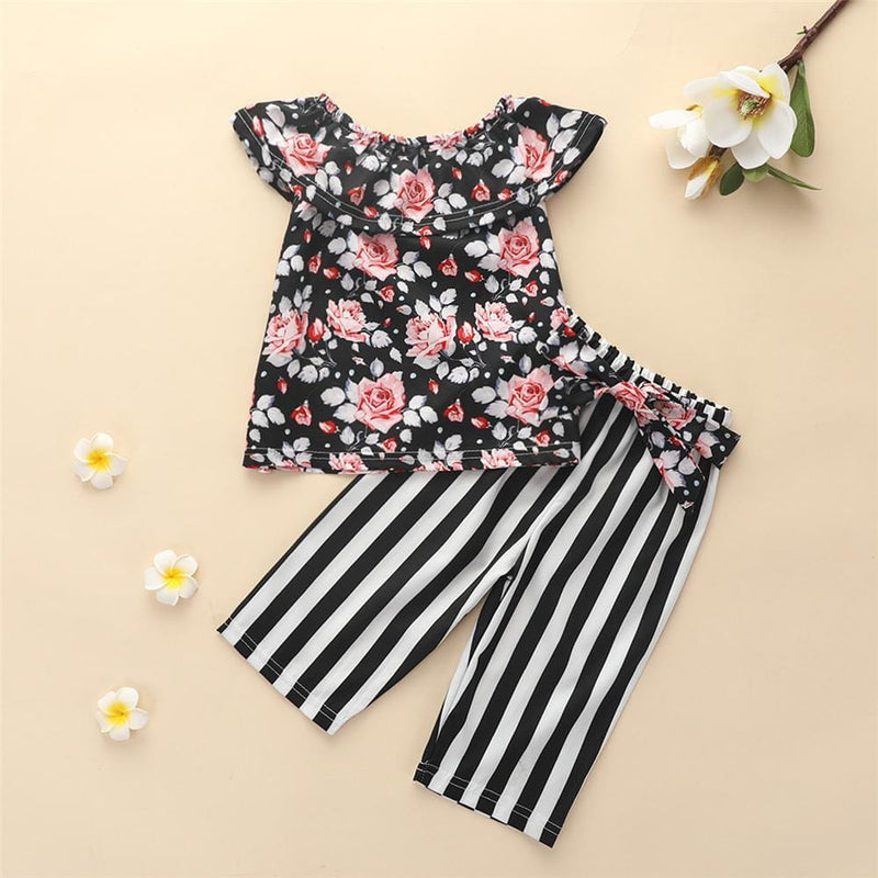 Girls Lotus Leaf Collar Floral Top & Striped Pants Wholesale Kids clothes - PrettyKid