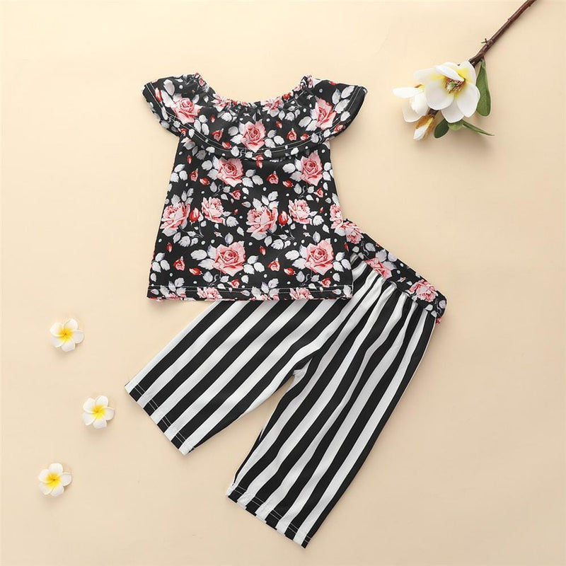 Girls Lotus Leaf Collar Floral Top & Striped Pants Wholesale Kids clothes - PrettyKid