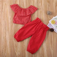 Girls Lotus Leaf Collar Polka Dot Top & Pants Kids Wholesale clothes - PrettyKid