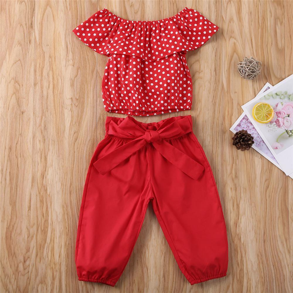 Girls Lotus Leaf Collar Polka Dot Top & Pants Kids Wholesale clothes - PrettyKid