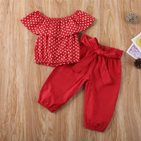 Girls Lotus Leaf Collar Polka Dot Top & Pants Kids Wholesale clothes - PrettyKid