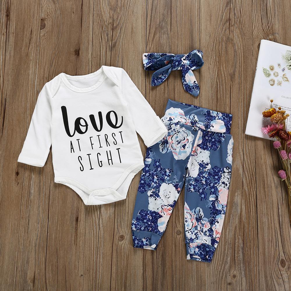 Baby Girls Love At First Sight Printed Long Sleeve Romper & Floral Pants & Headband Baby Wholesales - PrettyKid