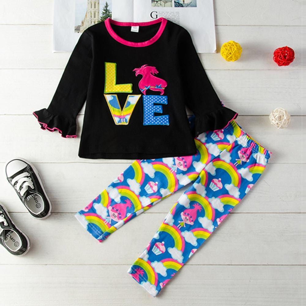 Girls Love Flare Sleeve Top & Rainbow Pants Kids Wholesale Clothing - PrettyKid